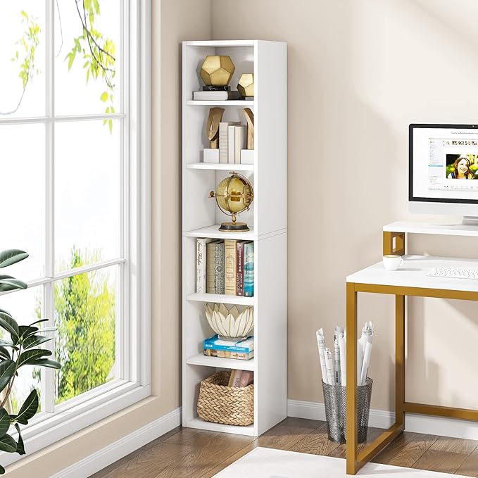 LITTLE TREE 70.9 Inch Tall Narrow Bookcase Corner Bookshelf 6 Tier Cube Display Shelf Storage Organizer for Small Space White