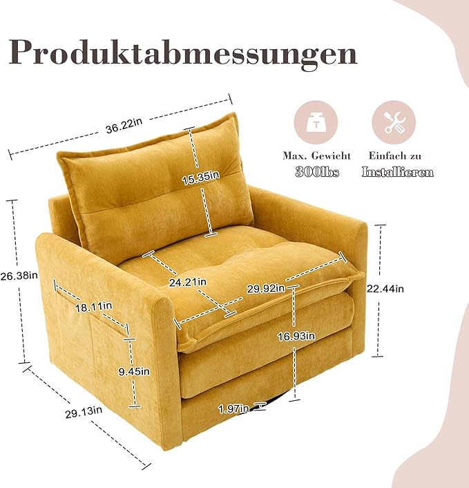 36.2 Oversized Square Swivel Accent Chair 360° Rotating Barrel Armchair Comfy Single Cloud Sofa Chair with Metal Base and Thick Padded for Nursery Bedroom Living Room &amp Offices (Mustard Yellow)