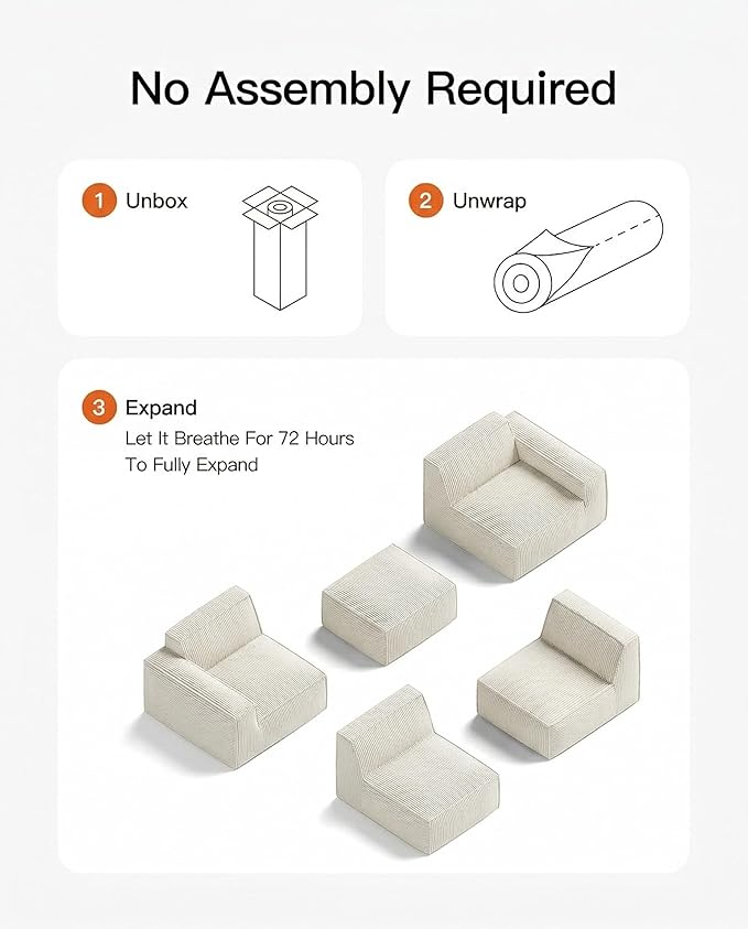 Pipishell Modular Sofa Cloud Couch with Deep Seat Corduroy Upholstered 2-Seater Couches for Living Room Bedroom High Back No Assembly Required (White)