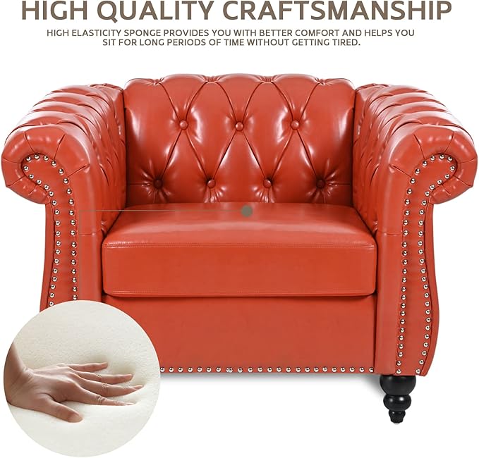 Orange Black Faux Leather Chesterfield Accent Chair with Tufted Upholstery Wingback Design &amp Club Style for Living Room Bedroom Office Furniture
