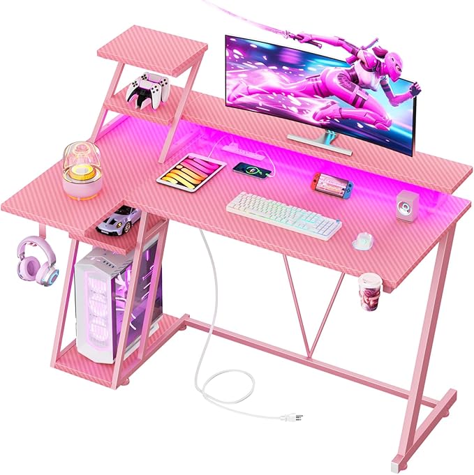 47 Inch Pink Gaming Desk with LED Lights &amp Power Outlet Gaming Computer Desk with Storage Shelves L Shaped Gamer Workstations with Monitor Stand for Bedroom