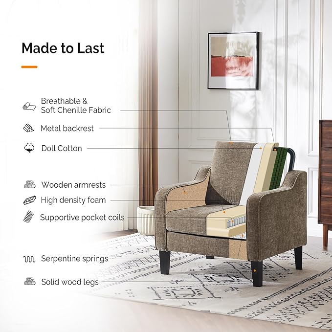 VINGLI Chair Light Brown Upholstered Chenille Accent Chair for Living Room Bedroom Mid-Century Modern Arm Chair Comfy Reading Chair with Scooped Arms