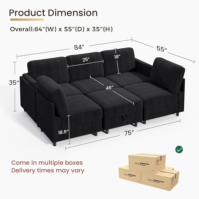 KKL Modular Sectional Sofa Bed - Sofa Couch with Storage Ottoman Convertible L/U-Shaped Sleeper Couch for Living Room Modern Reversible Design Black