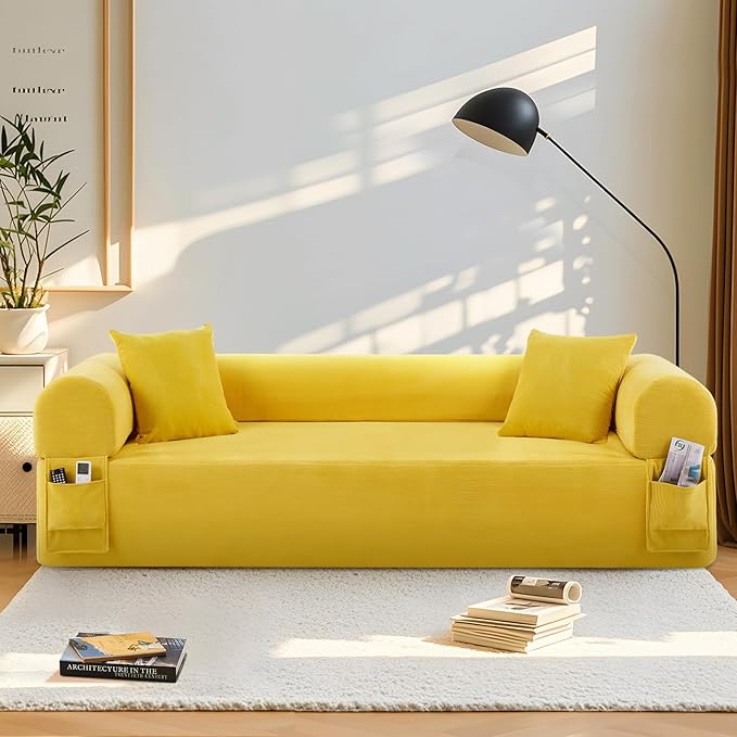 83 Boneless Couch 3 Seater Sofa with 2 Matching Pillows Compact Corduroy Couches for Living Room Side Storage Pockets Floor Sofa with Removable Armrests No Assembly Required Yellow