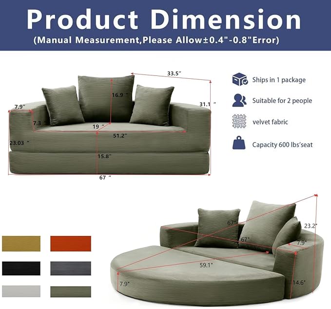 67 Round Convertible Folding Sofa Bed Boneless Couch Loveseat Floor Sleeper Chaise Lounge for Living Room Apartment Dorm Small Spaces Green