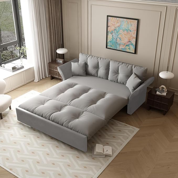 74.8 Queen Size Sleeper Sofa with Pull Out Bed 3-in-1 Convertible Loveseat Sofa with 2 Pillows Portable Pull Out Chaise for Living Room Apartment Small Spaces Grey
