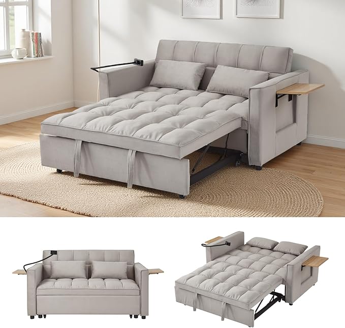 Loveseat Sleeper Sofa 3 in 1 Convertible Sofa Bed Adjustable Backrest Comfy Pull Out Couch Modern Upholstered Sofa for Living Room Bedroom Apartment Small Space (Grey with Side Table)