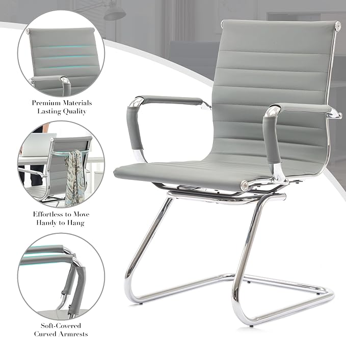 CIMOTA Waiting Room Chairs Leather Office Guest Chair Mid Back Reception Chairs with Sled Base for Meeting/Patient/Conference Room Grey Set of 4