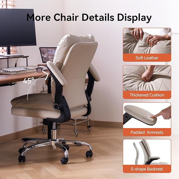 LEAGOO Ergonomic Executive Office Chair Mid Back Comfy Desk Chairs with 3D Padded Flip-up Arms Faux Leather Computer Rolling Chair with Wheels for Home Adjustable Height 300lbs Beige