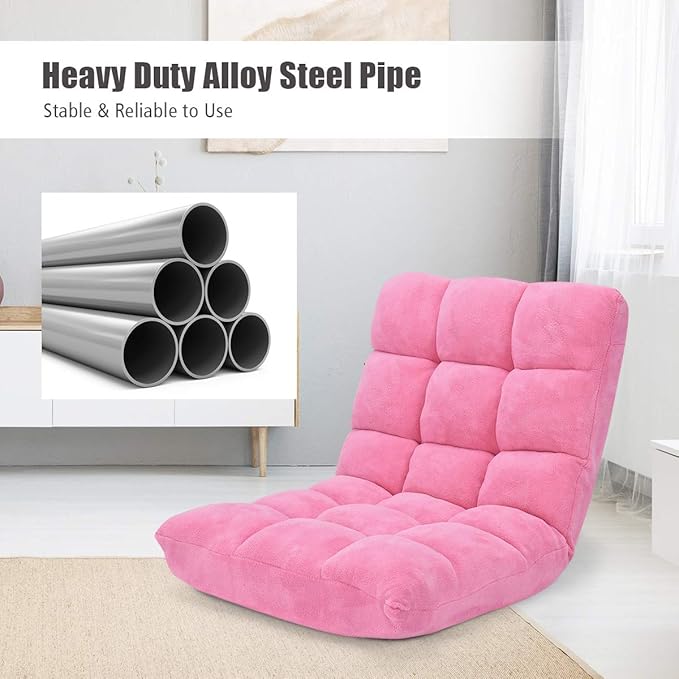 FANTASK 14-Position Sofa Folding Memory Foam Floor Chair w/Comfy Cushions &amp Study Steel Frame Angle Adjustable Floor Couch Sofa for Reading Game Meditating (Pink)