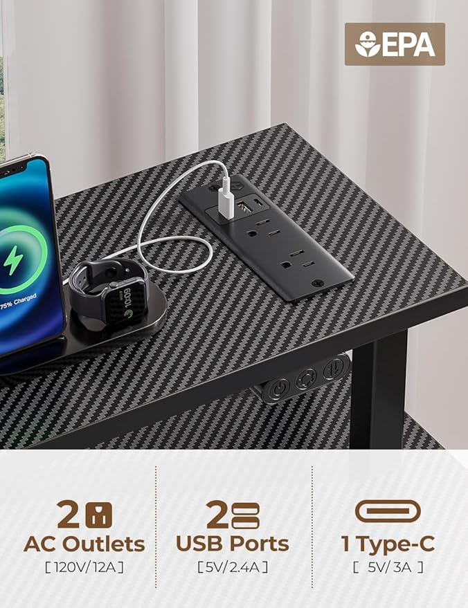Rolanstar Computer Desk with Power Outlets &amp LED Light 55 inch Home Office Desk with 3 Drawers and Storage Shelves Writing Desk with Monitor Stand Modern Work Desk for Home Office Carbon Black