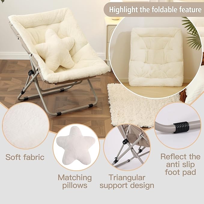 Welnow Comfy Saucer Chair Oversized Folding Reading Chair for Adults with Throw Pillow Soft Faux Fur Lounge Chair for Bedroom Furry Accent Chair for Living Room Dorm Rooms Beige