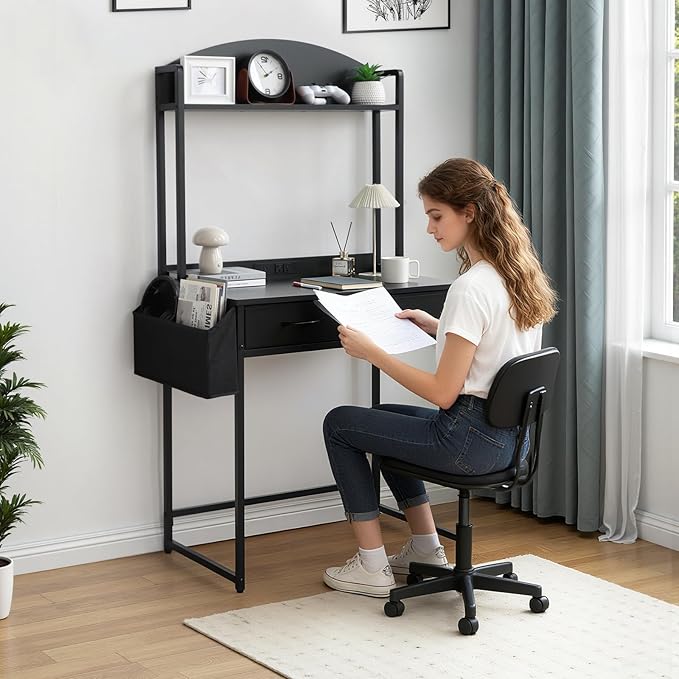 KATHY&ampBOB Freestanding Ladder Desk with Power Outlets Home Office Study Reading Desk with 2 Fabric Drawers and Side Bag Open Shelf Computer Gaming Desk Modern Vanity Dressing Makeup Table