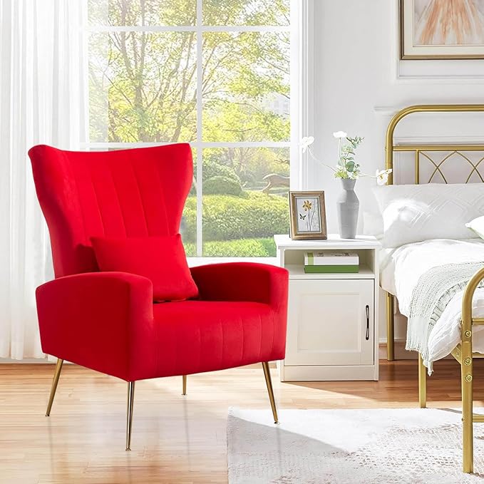 Velvet Accent Arm Chair Mid-Century Modern Living Room Chair Wingback Bedroom Side Chair with Gold Legs &amp Pillow Button-Tufted Red