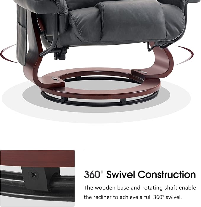 MCombo Swivel Recliners with Ottoman Reclining TV Chairs with Vibration Massage Faux Leather Ergonomic Lounge Chair for Living Room Bedroom 4832 (Dark Grey)