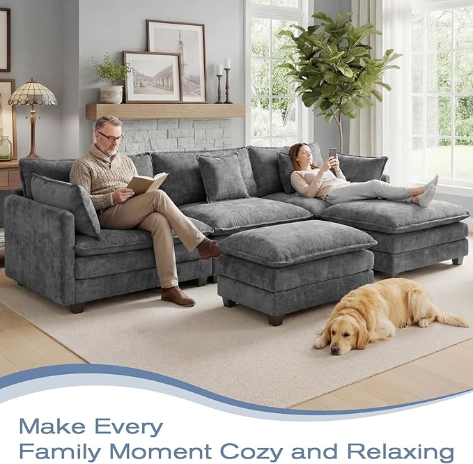 113.4 L-Shaped Modular Sectional Sofa with Ottoman Comfy Cloud Couch with Deep Seat (23.6 D) Solid Wood FrameBeige/Gray/Blue/Black for Living Room Small Apartment (Grey 3 Seat)