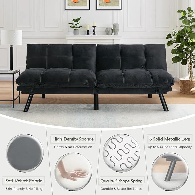 Convertible Velvet Futon Sofa Bed Comfy 72 L Sleeper Couch with Thicker Cushion Upholstered Modern Reclining Loveseat Folding Sofa for Small Living Room Dorm Apartment Office Deep Black
