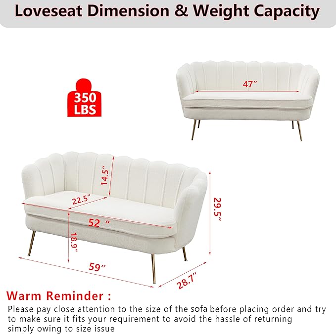 Boucle Small Sofa Couch for Small Spaces Living Room Bedroom59 Loveseat Couches with Gold Metal LegsChannel Tufted 2 Seater Sofas with Curved Back and Arms for ApartmentRV