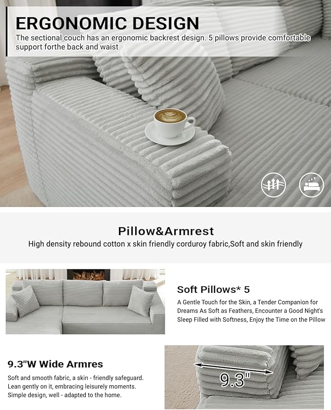 Cloud Sectional Couch 105 Inch Modular Sectional Sofa with Deep Seat Corduroy Boneless Couches with L-Shape Chaise for Living Room Bedroom Left Facing Chaise No Assembly Required (Light Grey)