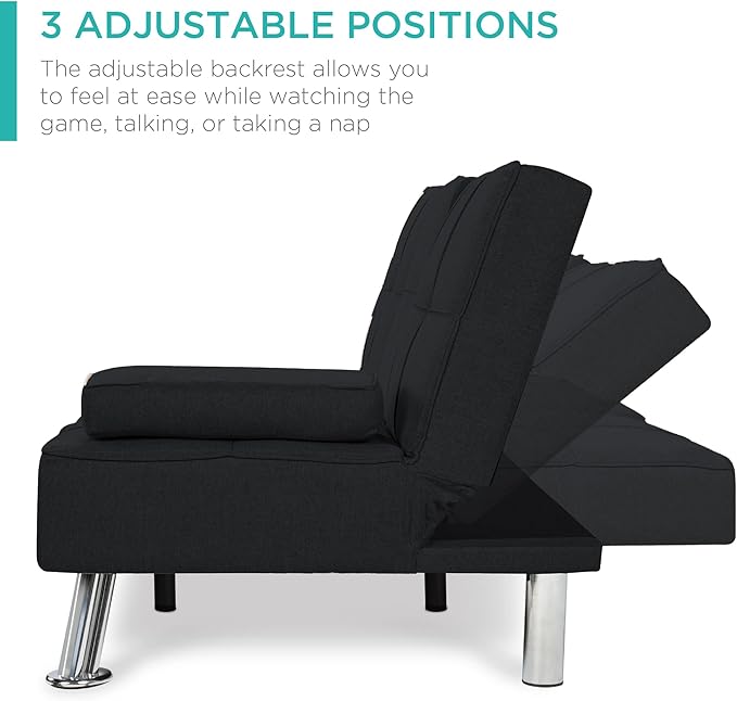 Best Choice Products Linen Modern Folding Futon Reclining Sofa Bed for Apartment Dorm w/Removable Armrests 2 Cupholders - Black