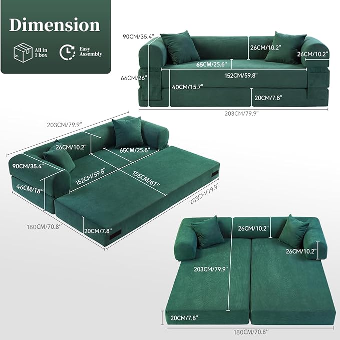 KBQ 3-Seat Convertible Sleeper Sofa Bed with 2 Pillows Corduroy Folding Mattress Couch Floor Sofa Lounge Couch for Living Room Bedroom Lounge Studio Deep Green