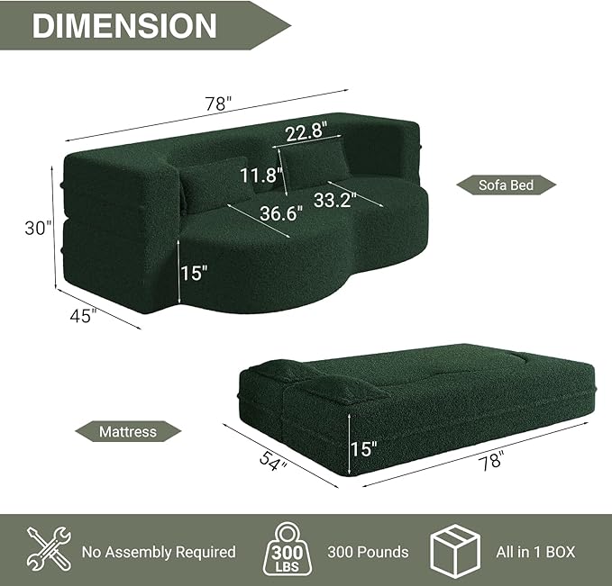 78 Convertible Folding Sofa Bed 2-in-1 Full Size Floor Boneless Couch Bed Loveseat sleeper Couch  Teddy Floor Sofa Memory Foam Sleeper SofaBed Small couches for small spaces No Assembly (Green)