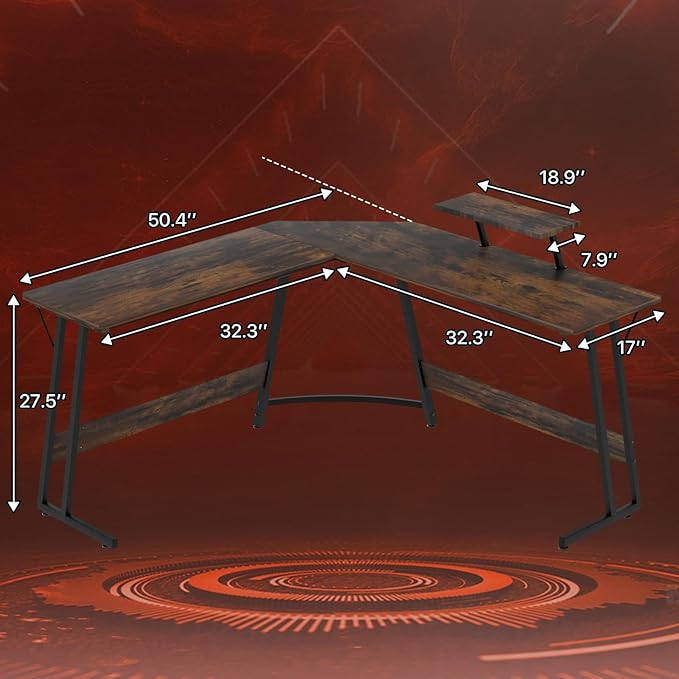 HKLGorg L Shaped Desk Gaming Computer Desk 50.4 Gaming Corner Table with Monitor Stand MDF Board Surface Home Office Table for Working Study Son Boyfriend Gift (Brown)
