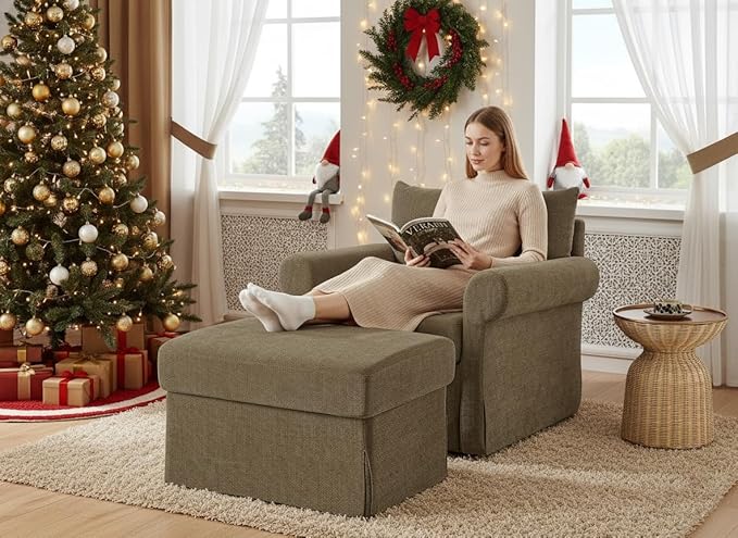 35.8 Accent Chair with Ottoman Set Comfy Chenille Upholstered Armchair with Rolled Arms Modern Single Reading Chair for Living Room Bedroom Apartment Brown