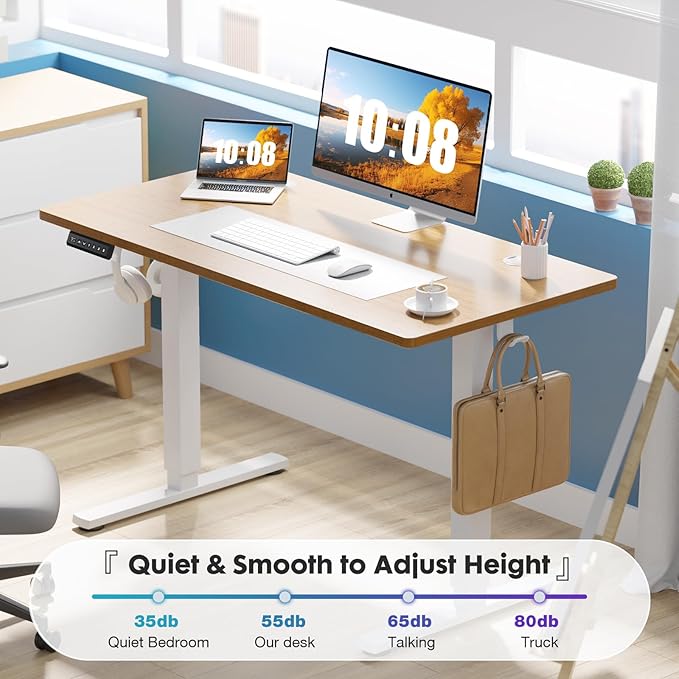 Sweetcrispy Electric Standing Desk Adjustable Height 48x24 Inch Sit Stand Up Home Office Desks Computer Workstation PC Work Table with 3 Memory Preset Splice Wood Board Metal Frame Oak
