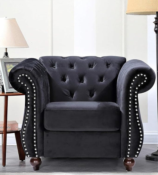 Feinstein Modern Velvet Chesterfield Couches for Living Room with Nailheads Diamond Tufting &amp Durable Metal Frame Chair Black