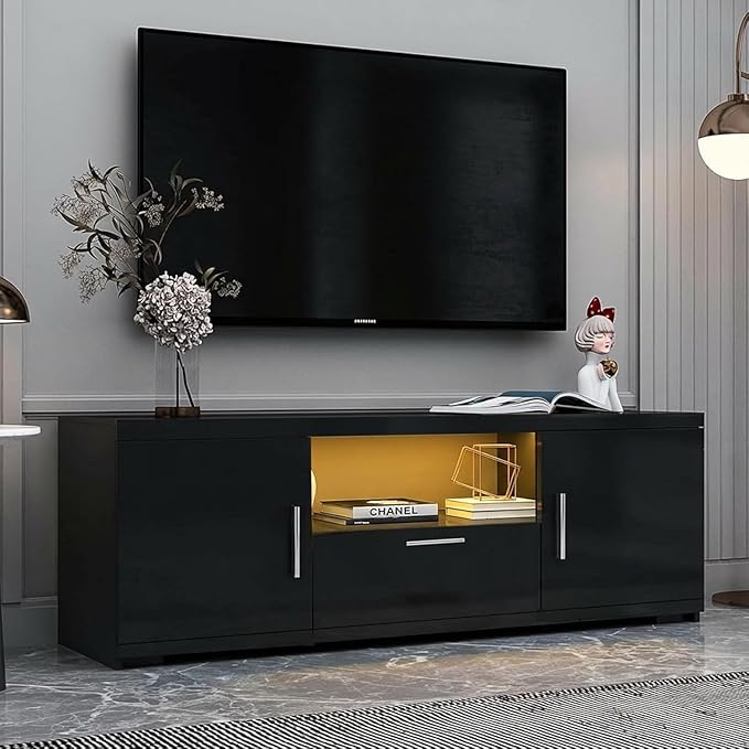 51 Inch Modern TV Stand with RGB LED Lights - Black Entertainment Center Storage Cabinet for 32-55 Inch TVs Living Room Media Console