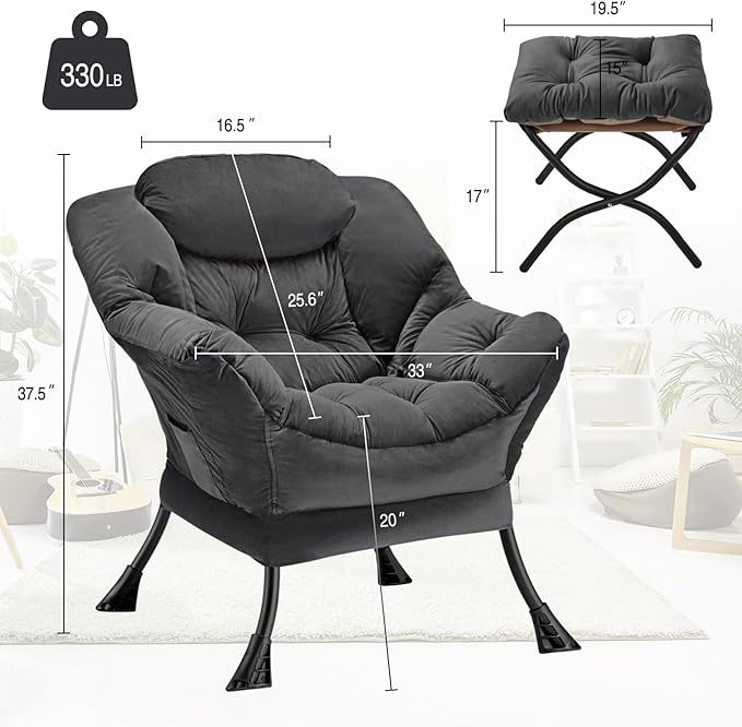 Lazy Chair with Folding Ottoman Modern Large Accent ChairContemporary Lounge Leisure Sofa Chair with Armrests Upholstered Sofa Armchair Reading Chair for BedroomDorm &amp Office (Dark Grey-f)