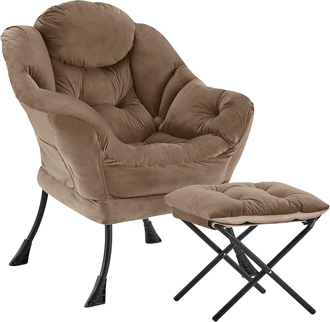 Lazy Chair with OttomanOversized Accent Chair with Thick Cushion Side PocketModern Lounge Arm Reading Chair and Folding Footrest for Living RoomBedroomOfficeDormApartment Brown
