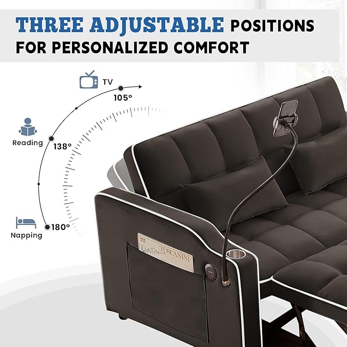 TTK 3-in-1 Convertible Velvet Sleeper Sofa Bed Pull-Out Loveseat with Adjustable Backrest USB Port &amp 2 Pillows Swivel Phone Stand &amp Storage Pockets Modern Futon Couch for Living Room (Brow