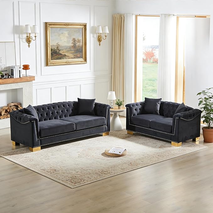 2 Pieces Chesterfield Sofa Set Tufted Velvet Couch with Rolled Arms Mid Century Modern Couch and Loveseat Sets with Nailhead Trim&ampGold Legs Comfy Deep Seat Couches Living Room Furniture (Black)