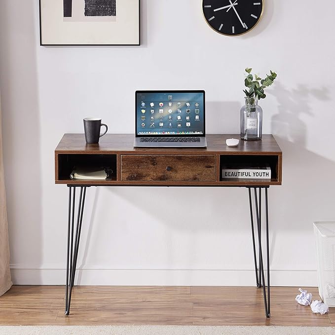 VECELO 39.3 Home Office Work Table with DrawersComputer Desk with Hairpin Leg for Writing/StudyRetro Brown