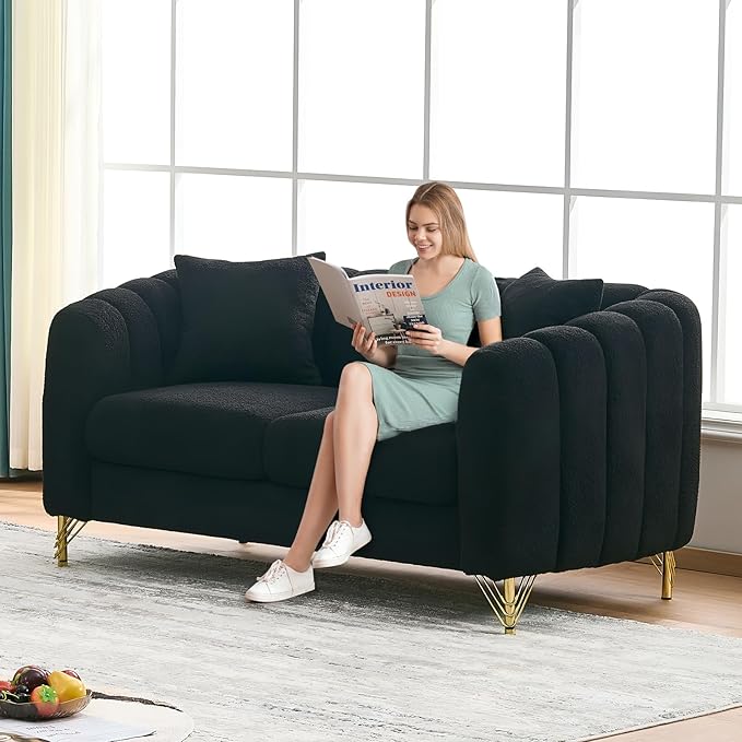Black Cloud Couch for Living Room 63.5 Modern Comfy Overstuffed Deep Seat Tufted Sofa with Gold Legs &amp Pillows Plush Teddy Boucle Upholstered Curved Loveseat Settee with Round Arm (Black 2 Sea