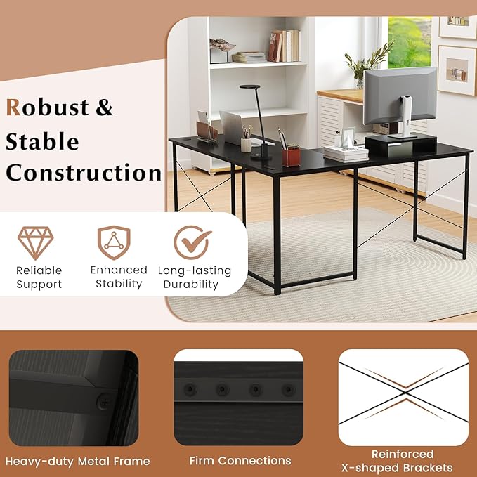 Giantex L Shaped Computer Desk 59 Inch Reversible Corner Desk with Power Outlet and USB Ports &amp Monitor Stand Wooden Writing Desk Gaming Table for Home Office Room Small Space (Black)