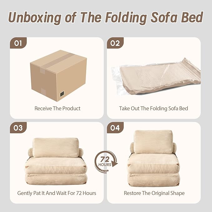 Folding Sofa Bed Convertible Sleeper Chair with Pillow Foldable Mattress Lounge Chair for Living Room Bedroom Portable Guest Bed Beige