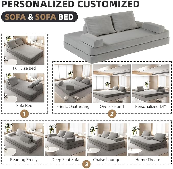 Folding Convertible Sofa Bed 86.6 Inch Chenille Boneless Couch Loveseat Sleeper with Pull Out Bed DIY Floor Sofa Futon Couchs for BedroomLight Gray
