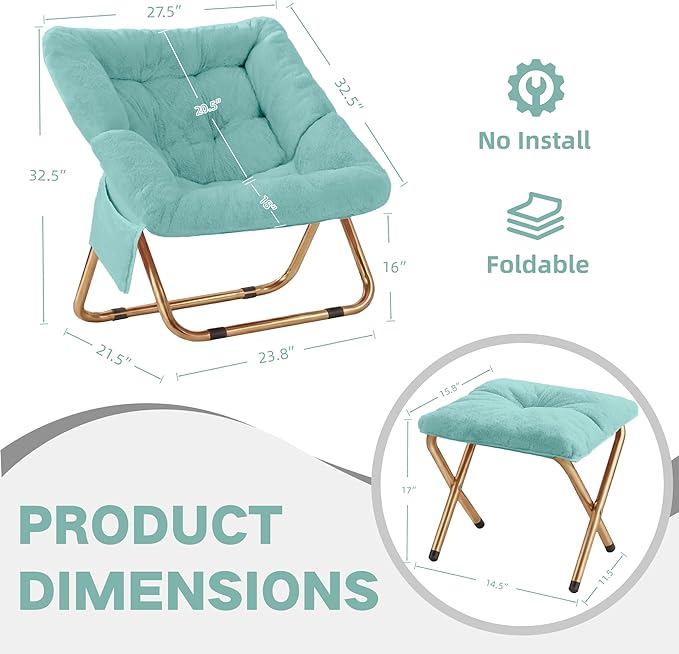 Comfy Saucer Chair for Adults Foldable Living Room Chairs Soft Faux Fur Lounge Chair for Bedroom Reading Chairs X-Large (Ottoman-Mint)