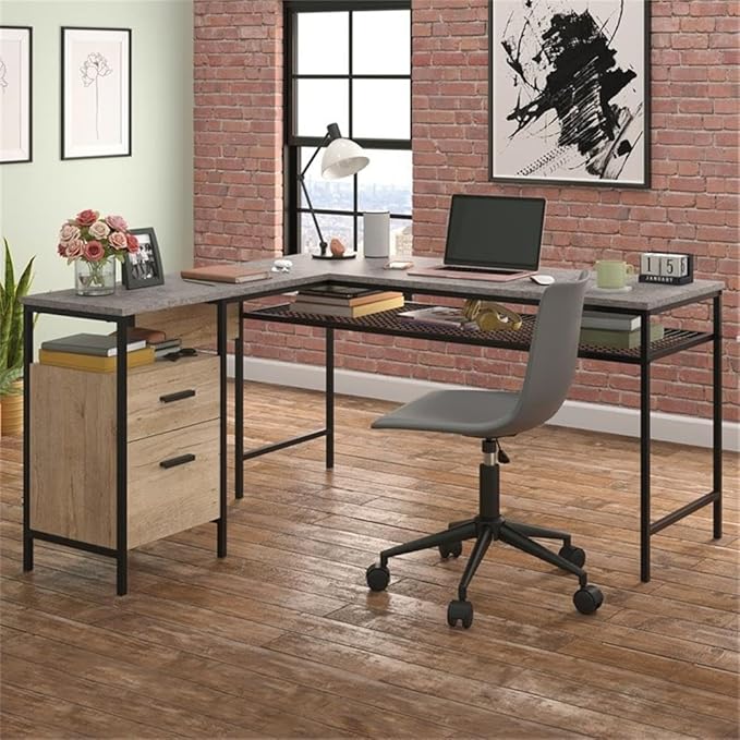 Pemberly Row L-Shaped Engineered Wood and Metal Desk Prime Oak Finish 55.91 in x 57.64 in x 30.59 in Storage Drawers Open Shelves Wire Mesh Shelf Home Office Computer Desk
