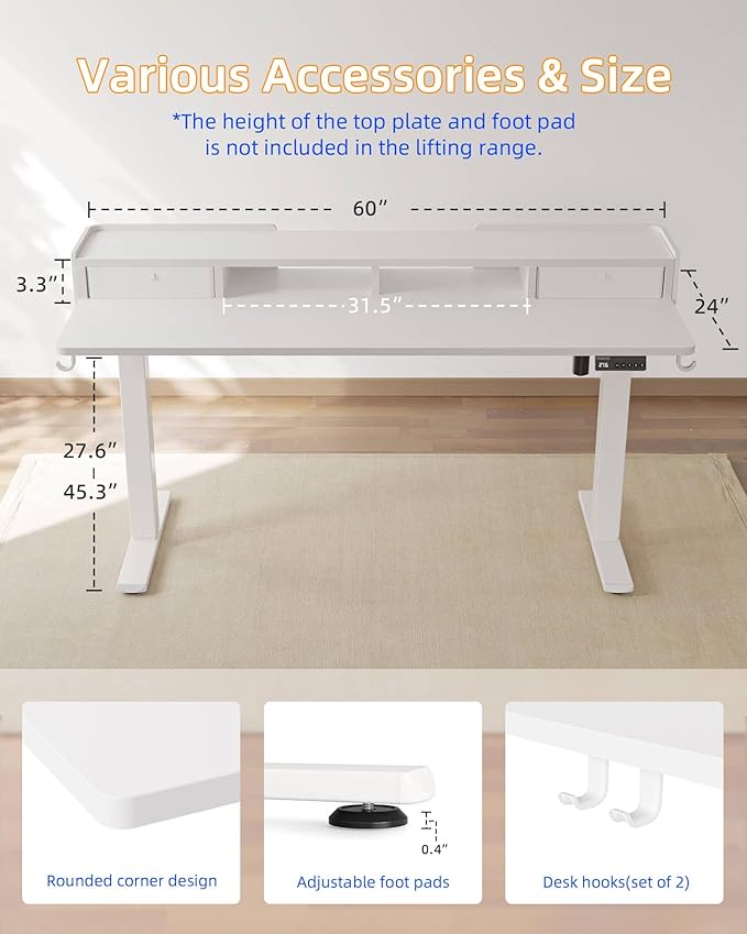 YIHAYO Electric Standing Desk with Drawers 60 x 24 Inches Adjustable Desk with Storage Shelf Computer Table with Splice Board for Home OfficeWhite Frame/White Top