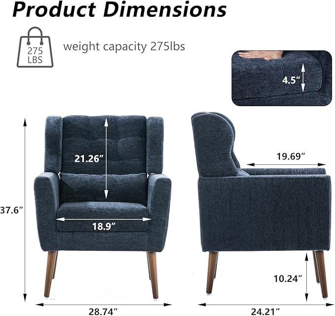 Modern Accent ChairsUpholstered Arm Chairs with PillowMid Century Sofa Chairs with Chenille FabricComfy Reading Chair for Living RoomBedroom (Blue Set of 2)