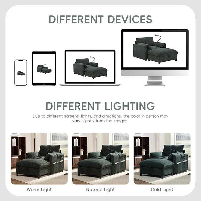 Oversized Accent Sofa Chair with Ottoman Chaise Lounge Chair with USB Charger Phone Holder Side Pockets Chenille Reading Armchair for Living Room Bedroom Home Theater(Olive Green)
