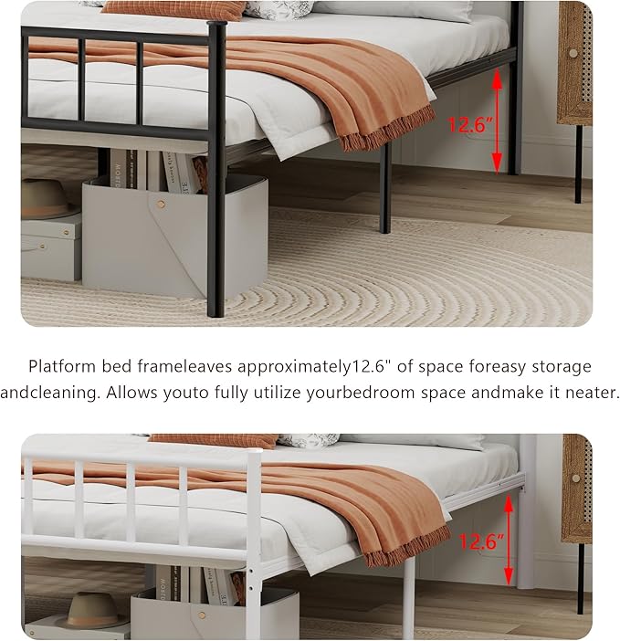 Metal Platform Twin Bed Frame with Headboard Sturdy Steel Slats Support No Box Spring Needed Easy Assembly White