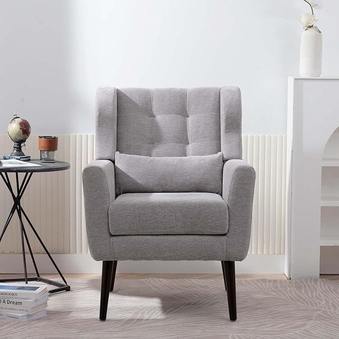Modern Accent Chair &amp Wingback Chair - Comfortable Living Room Chairs with Waist Pillow - Gray