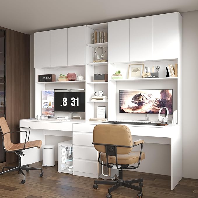 WOODTIME Large Two Person Computer Desk with Bookshelf Study Writing Gaming Table Workstation with 6 Drawers &amp 15 Shelves for Home Office White