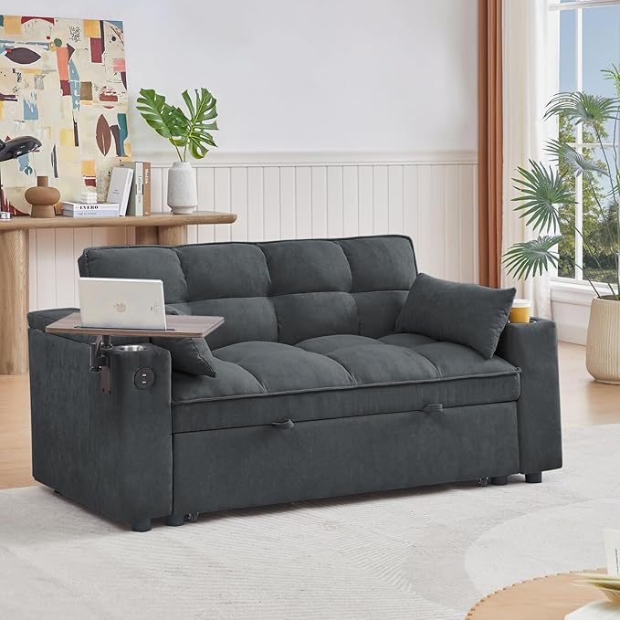 65''Convertible Sleeper Sofa Bed3-in-1 Pull Out Couch Bed with 360 Degree rotatable Side Table and USB Ports for Living RoomRV (07Dark Grey)
