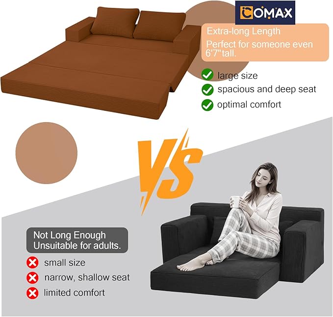 COMAX Convertible Sofa Bed Queen Corduroy Folding Floor Couch Pull Out Couch Bed Futon Sleeper with Pillows Fold Out Boneless Sofa Comfy Lounge Mattress Loveseat for Living Room Bedroom Orange